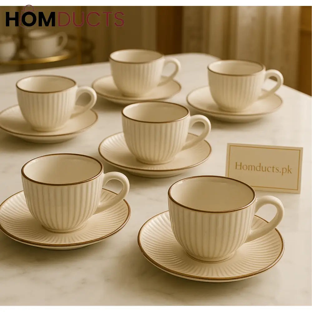 6-Piece Ribbed Ceramic Teacup & Saucer Set – Ivory Glazed Finish with Brown Rim