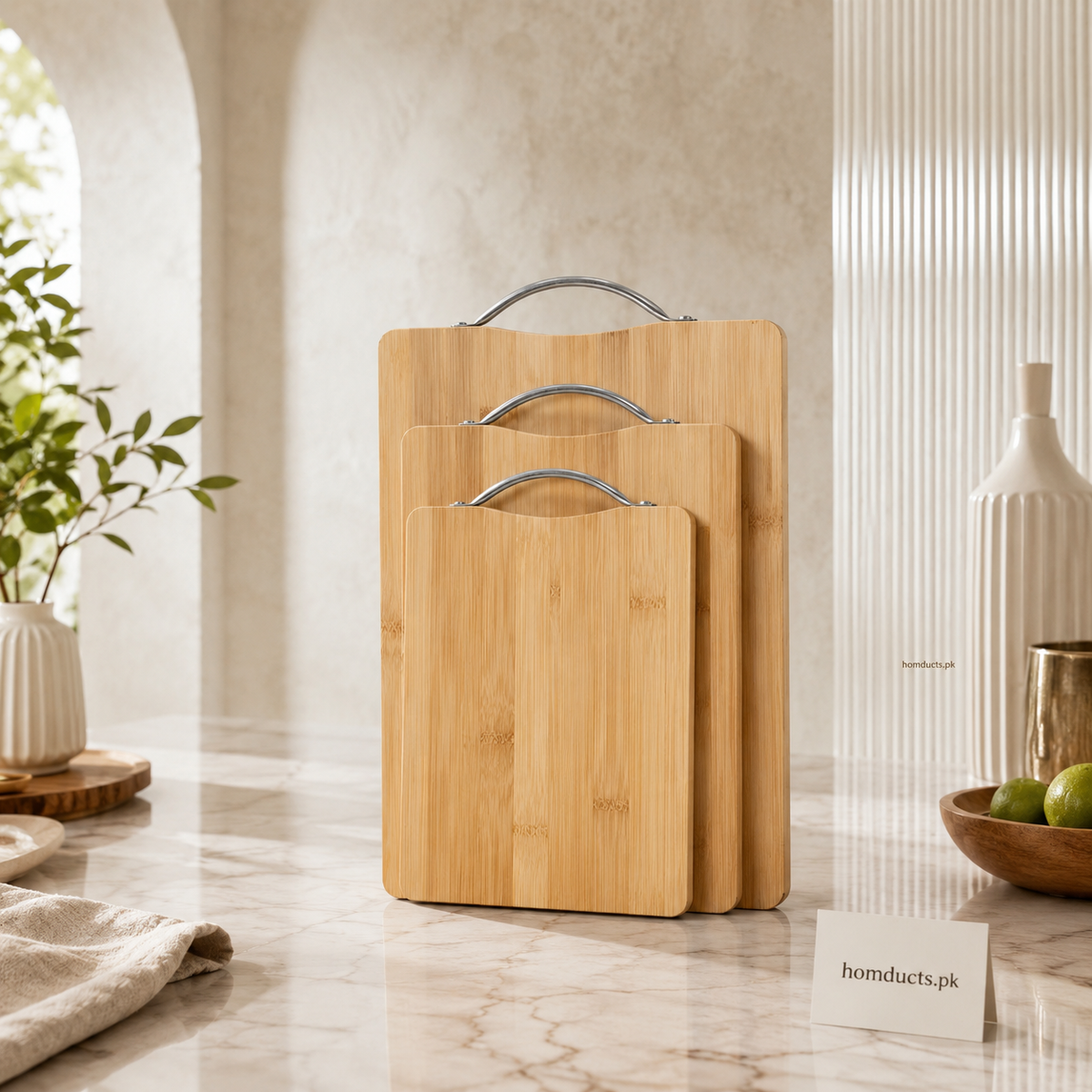 Bamboo Cutting Board with Metal Handle – 3 Sizes