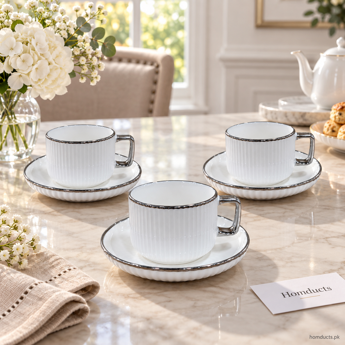 Luxury Silver-Rim Fluted Cup & Saucer Set – 6 Pieces