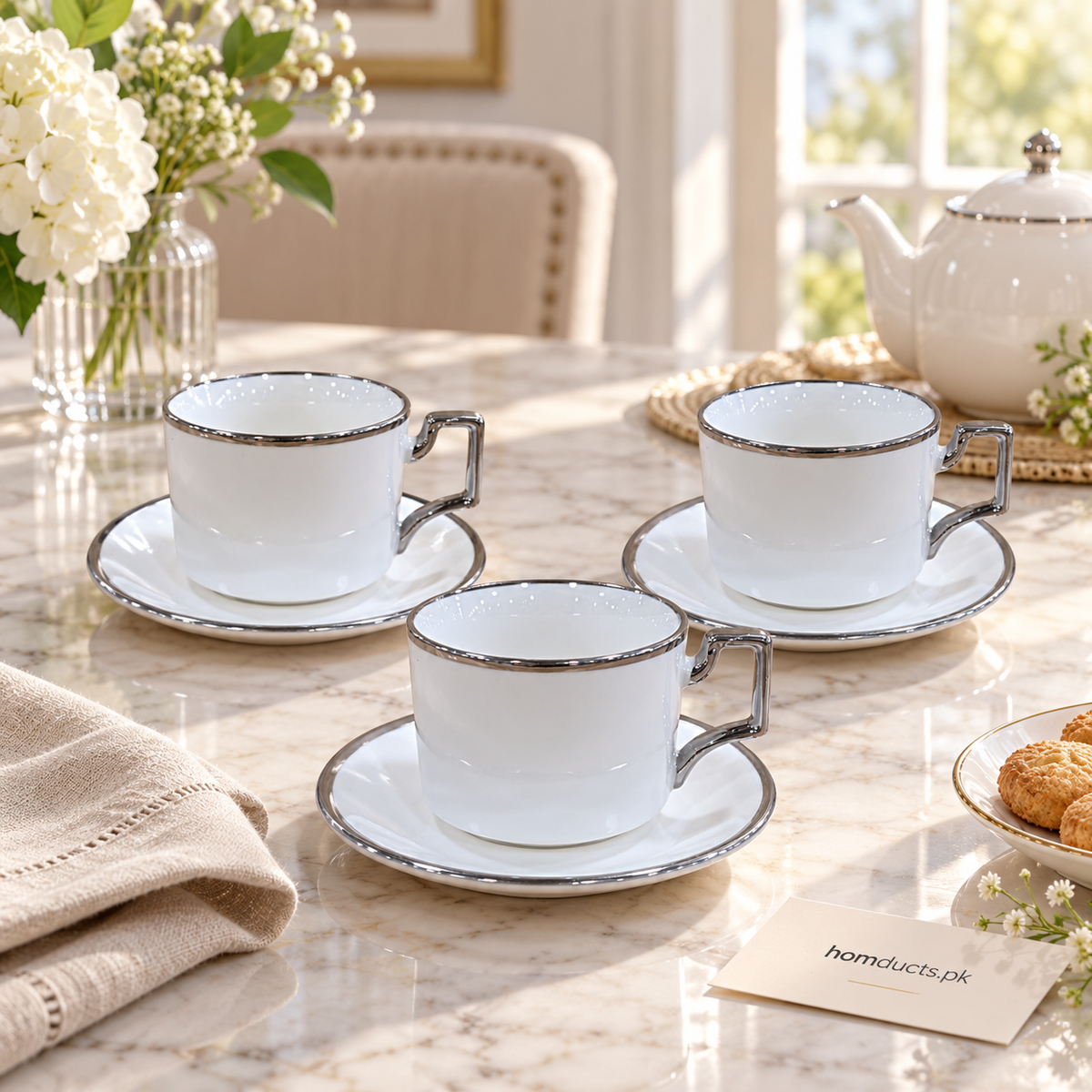 Modern Silver-Rim Square Handle Cup & Saucer Set – 6 Pieces