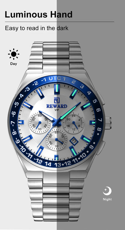 REWARD Men's Watch Luxury Chronograph Business Wristwatch Solid Stainless Steel Band High Quality Watch for Men