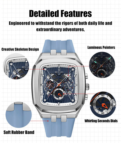 REWARD Watch Men Fashion Square Wheel Chronograph Mens Wristwatch 3bar Water Resistant Functional Sport Silicone Watch Male