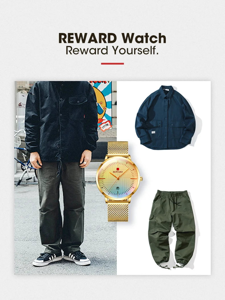 Reward Colorful Laser Changing Glass Men Watch. Featuring a vibrant, color-changing glass and a durable stainless steel strap, this watch is perfect for any sports or outdoor activities, as well as casual and formal occasions.