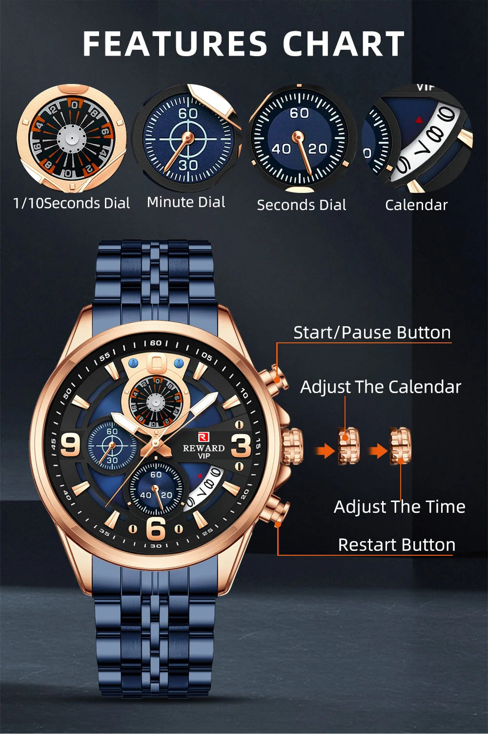 Reward In Stock Sports Watch Luxury Stainless Steel Luminous Quartz Man Watch Wholesale Oem Wristwatch Reloj,Auto Date, chronograph, Complete Calendar, Day/Date, Waterproof, Luminous, Anti-magnetic,RD81057M