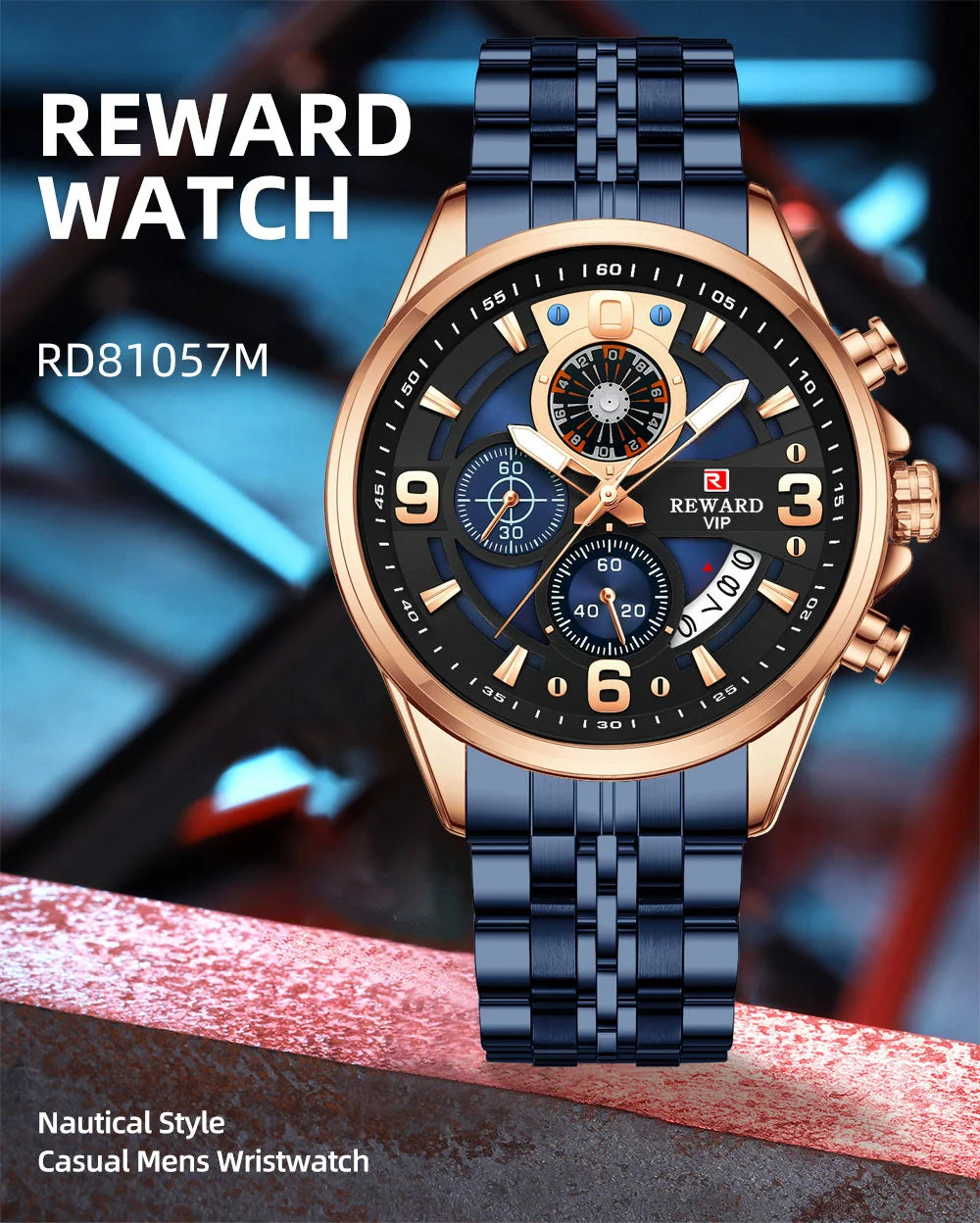 Reward In Stock Sports Watch Luxury Stainless Steel Luminous Quartz Man Watch Wholesale Oem Wristwatch Reloj,Auto Date, chronograph, Complete Calendar, Day/Date, Waterproof, Luminous, Anti-magnetic,RD81057M