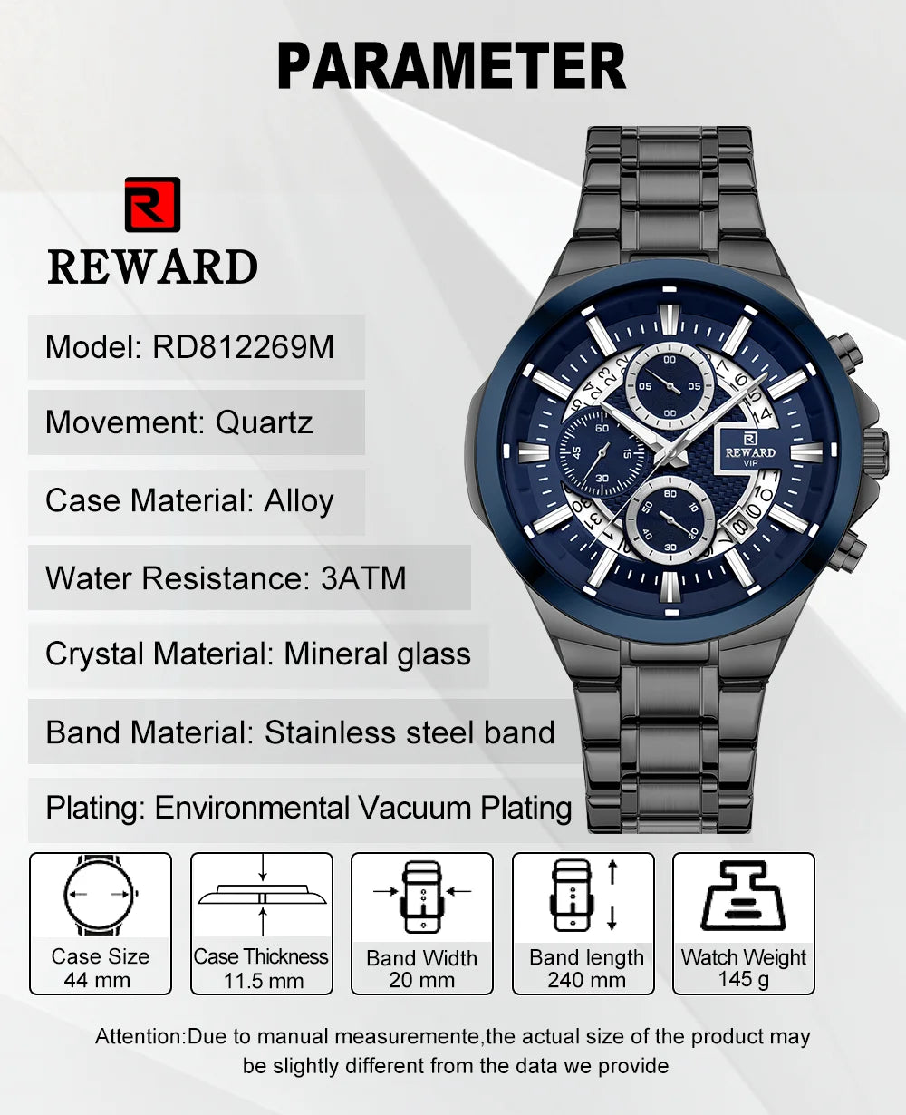 REWARD New Design Quartz Watch High Quality Waterproof Calendar Date Stainless Steel Premium Luxury Mens Wrist Watches Montre