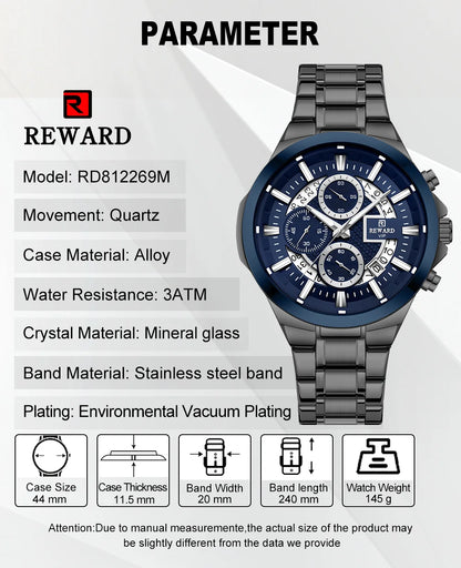 REWARD New Design Quartz Watch High Quality Waterproof Calendar Date Stainless Steel Premium Luxury Mens Wrist Watches Montre