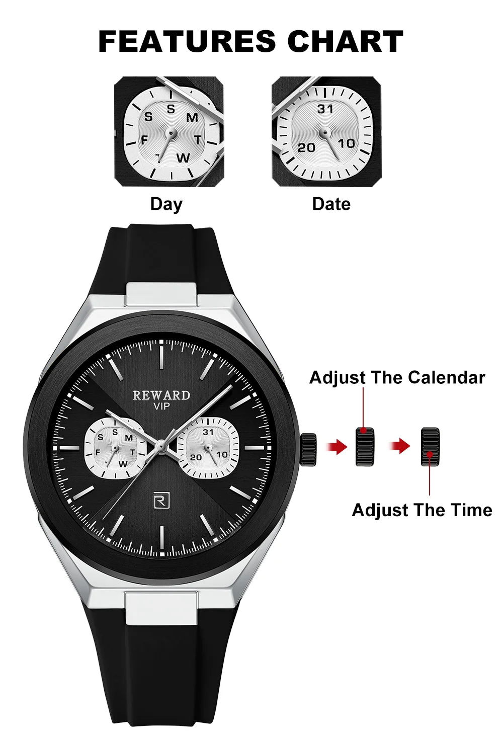 New Model REWARD Men's Watch Luxury Chronograph Business Wristwatch Solid Stainless Steel Band High Quality Watch
