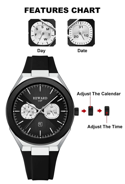 New Model REWARD Men's Watch Luxury Chronograph Business Wristwatch Solid Stainless Steel Band High Quality Watch