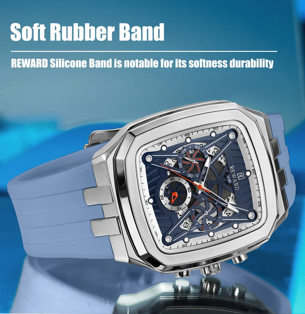 REWARD Watch Men Fashion Square Wheel Chronograph Mens Wristwatch 3bar Water Resistant Functional Sport Silicone Watch Male