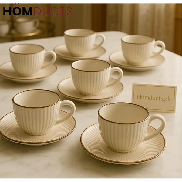 6-Piece Ribbed Ceramic Teacup & Saucer Set – Ivory Glazed Finish with Brown Rim