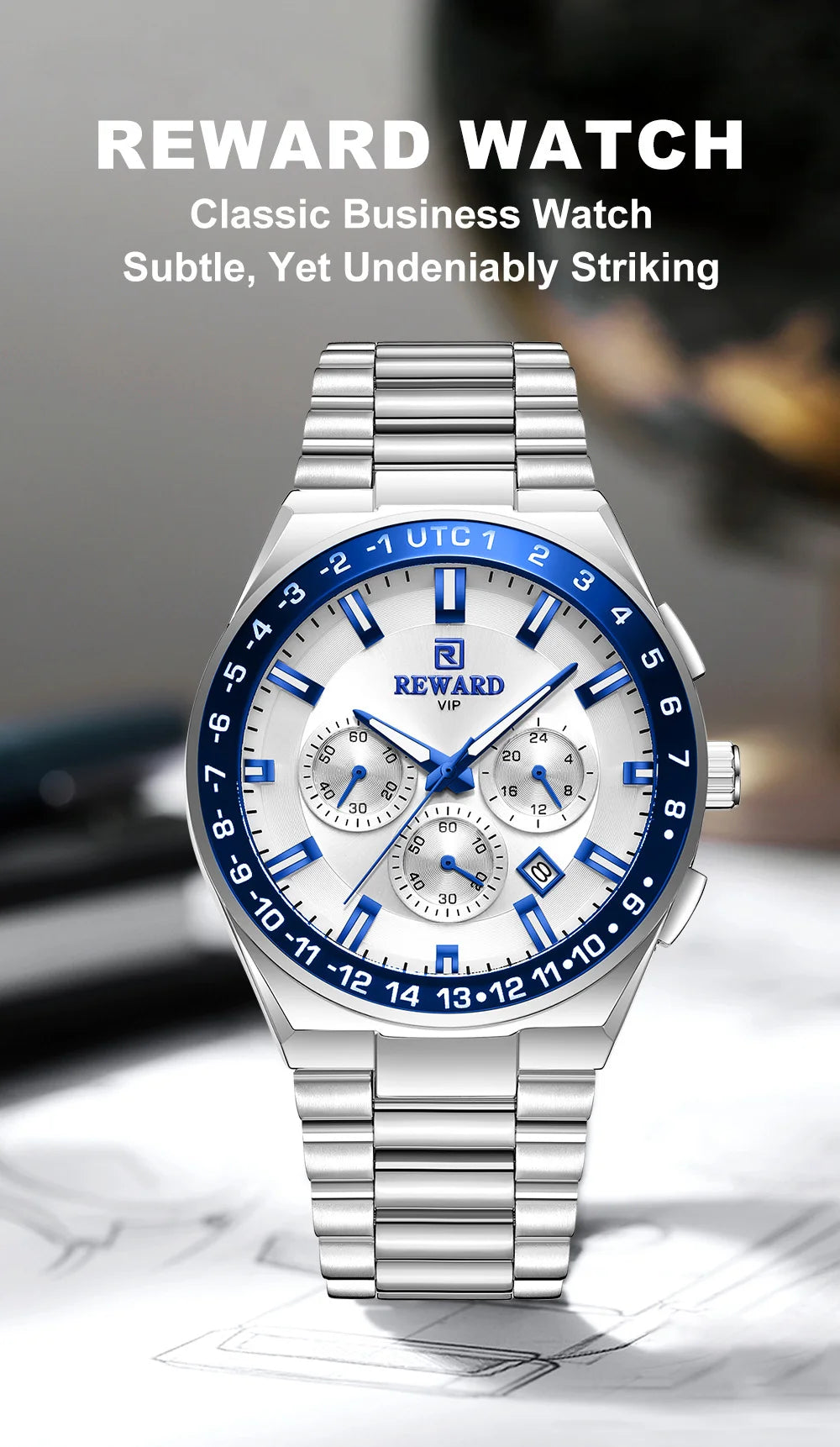 REWARD Men's Watch Luxury Chronograph Business Wristwatch Solid Stainless Steel Band High Quality Watch for Men