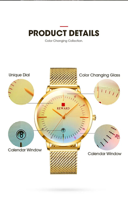 Reward Colorful Laser Changing Glass Men Watch. Featuring a vibrant, color-changing glass and a durable stainless steel strap, this watch is perfect for any sports or outdoor activities, as well as casual and formal occasions.