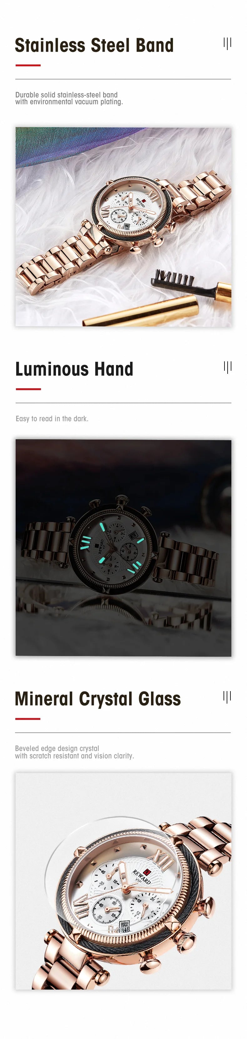 REWARD Hot Brand Luxury Women Watches Fashion Stainless Steel Band Quartz Sport Watch Luminous Ladies Wrist Watch,RD63084L