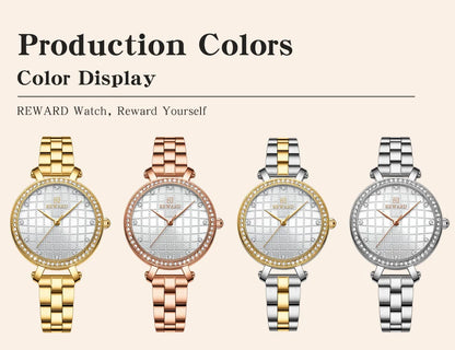 Reward 2022 New Arrival Wrist Watch Women Luxury Diamond Inlay Stainless Steel Ladies Golden Watches Wholesale Montre Acier RD21075L