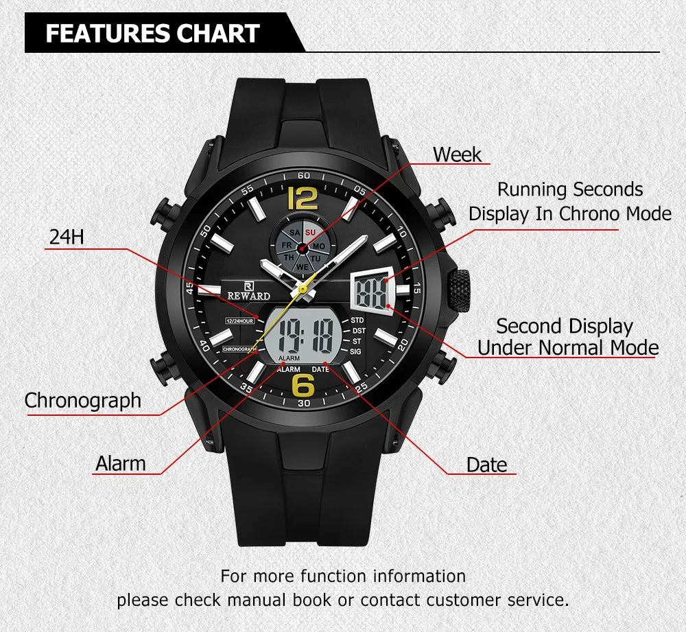 REWARD New digital watches men multi function week date running stopwatch outdoor fashion silicone quartz digital watch