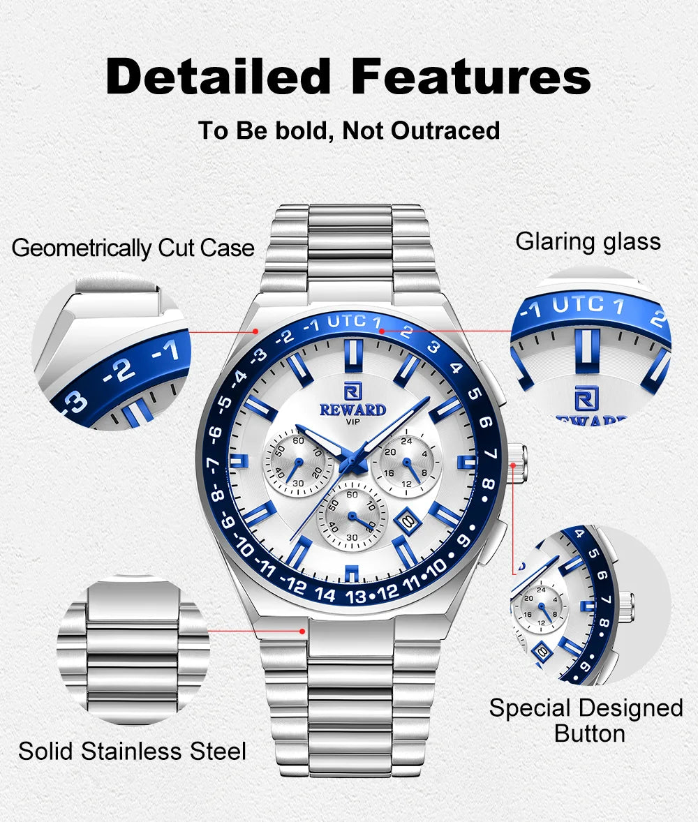 REWARD Men's Watch Luxury Chronograph Business Wristwatch Solid Stainless Steel Band High Quality Watch for Men