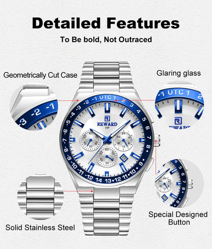 REWARD Men's Watch Luxury Chronograph Business Wristwatch Solid Stainless Steel Band High Quality Watch for Men