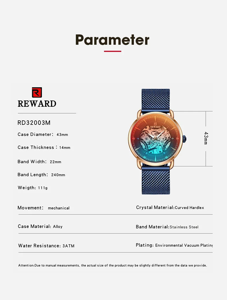 Reward Magic glass quality men stainless steel watches luxury functional automatic oem mechanical watches,RD32002M