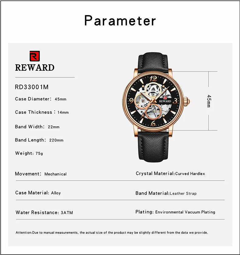 Reward Mechanical Watches Men Oem Luxury Skeleton Leather Band Mens Automatic Watch RD33001M