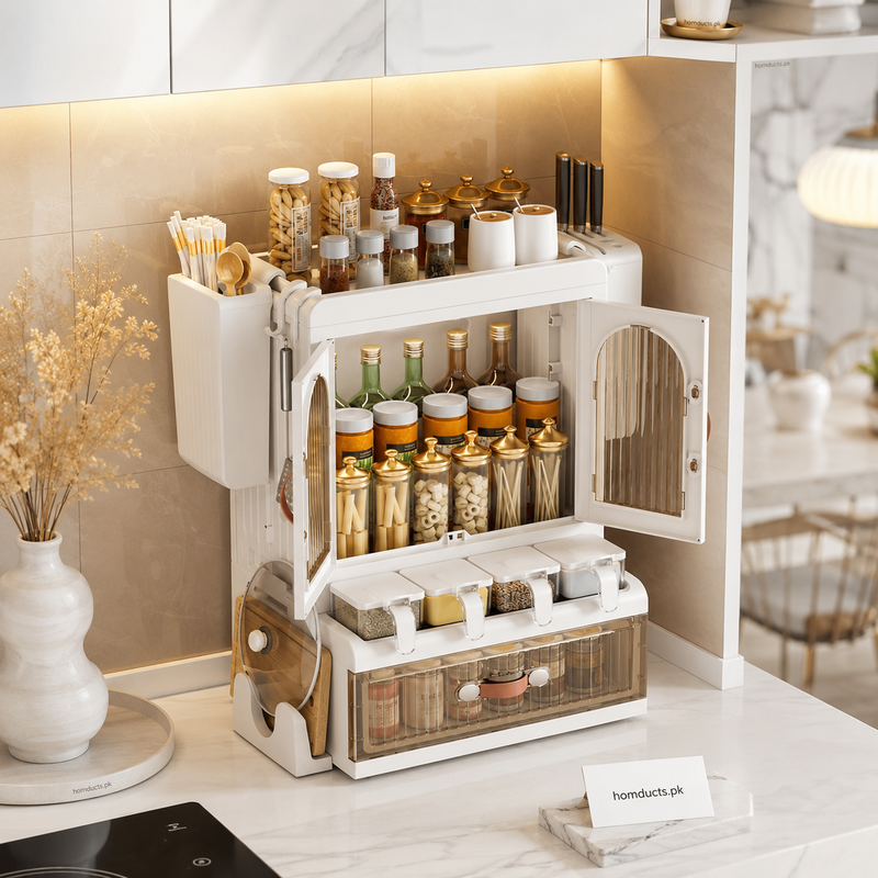 Luxury Multifunctional Kitchen Storage Cabinet & Spice Organizer Rack with Drawer, Knife Holder & Cutting Board Stand detail view