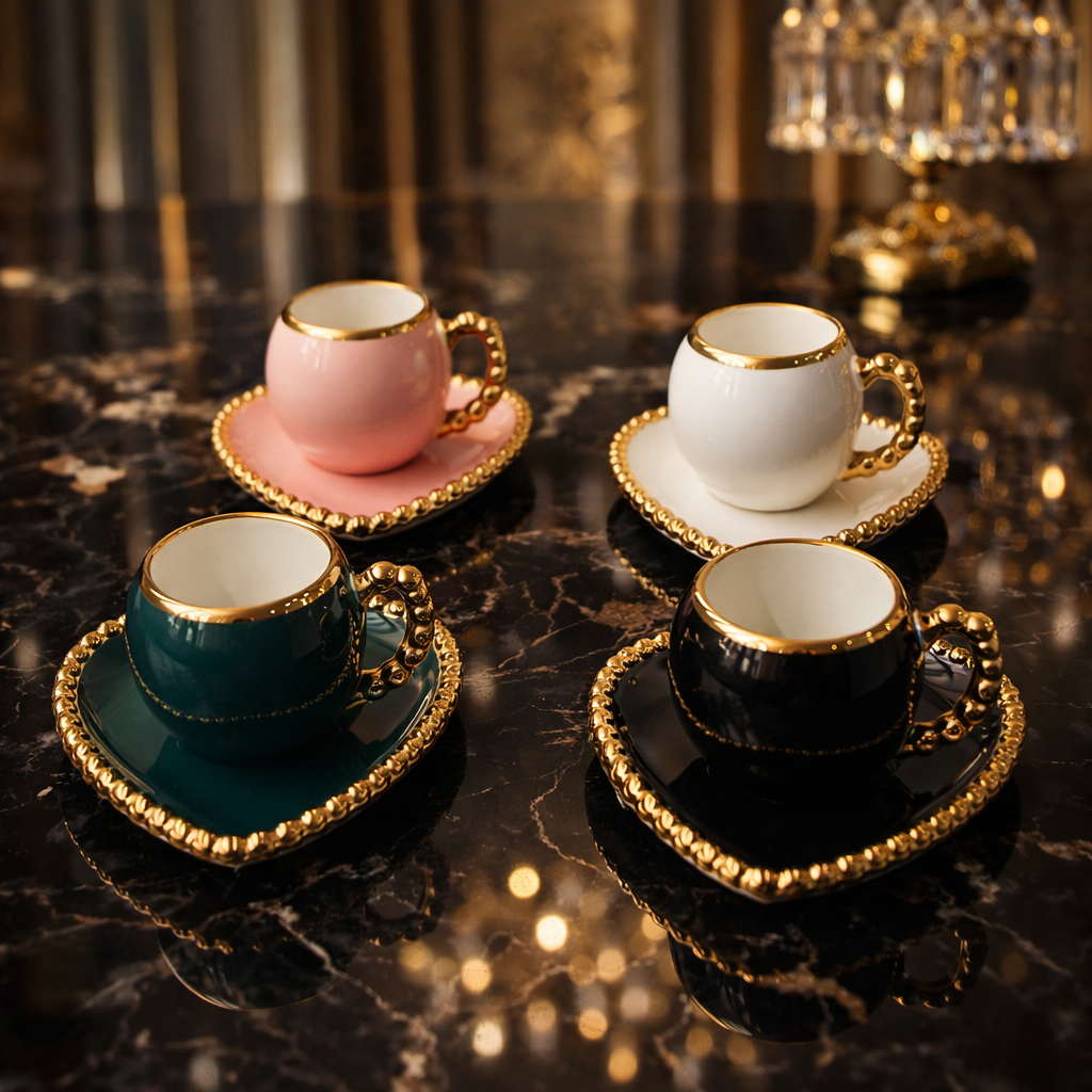 Luxury Heart-Shaped Tea Cup & Saucer with Gold Rim – 1 Piece