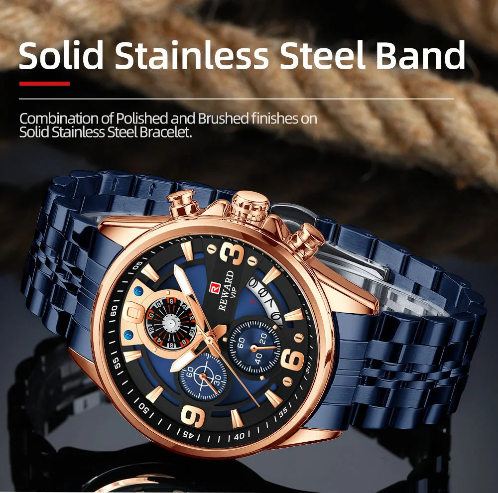 Reward In Stock Sports Watch Luxury Stainless Steel Luminous Quartz Man Watch Wholesale Oem Wristwatch Reloj,Auto Date, chronograph, Complete Calendar, Day/Date, Waterproof, Luminous, Anti-magnetic,RD81057M