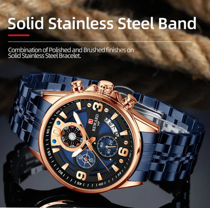 Reward In Stock Sports Watch Luxury Stainless Steel Luminous Quartz Man Watch Wholesale Oem Wristwatch Reloj,Auto Date, chronograph, Complete Calendar, Day/Date, Waterproof, Luminous, Anti-magnetic,RD81057M