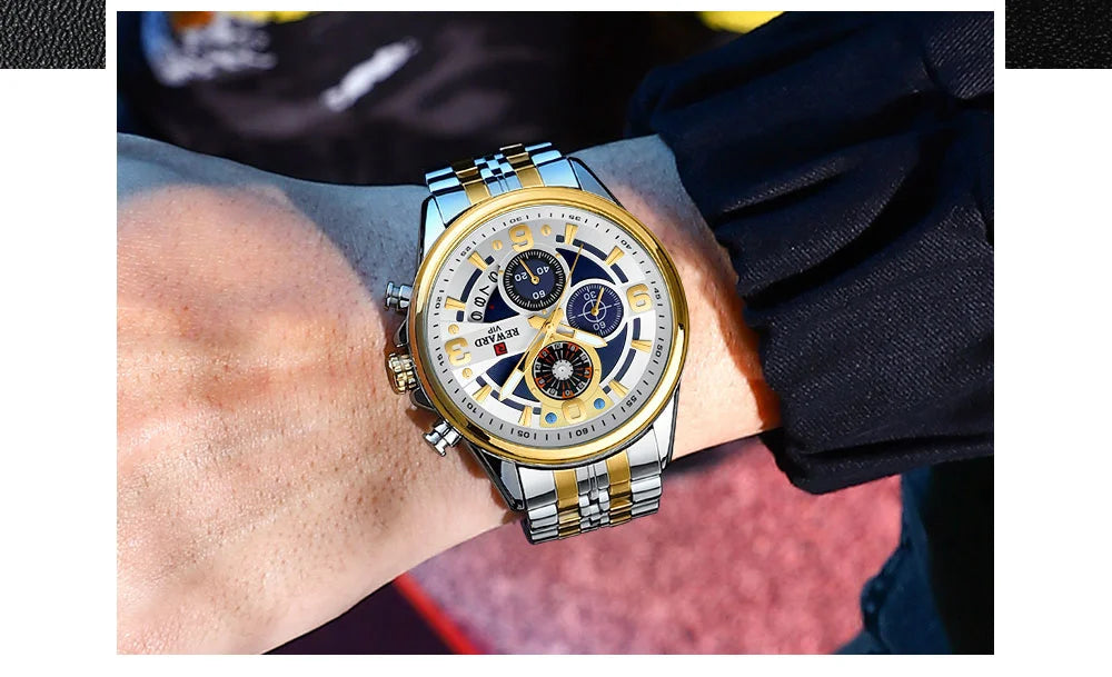 Reward In Stock Sports Watch Luxury Stainless Steel Luminous Quartz Man Watch Wholesale Oem Wristwatch Reloj,Auto Date, chronograph, Complete Calendar, Day/Date, Waterproof, Luminous, Anti-magnetic,RD81057M