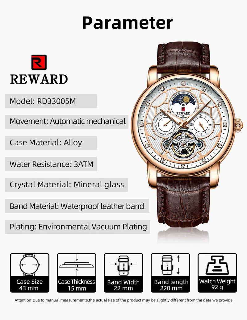 Reward Luxury men stainless steel automatic moon phase mechanical watch 2021 Custom logo casual fashion tourbillon wrist watch,RD33005M detail view