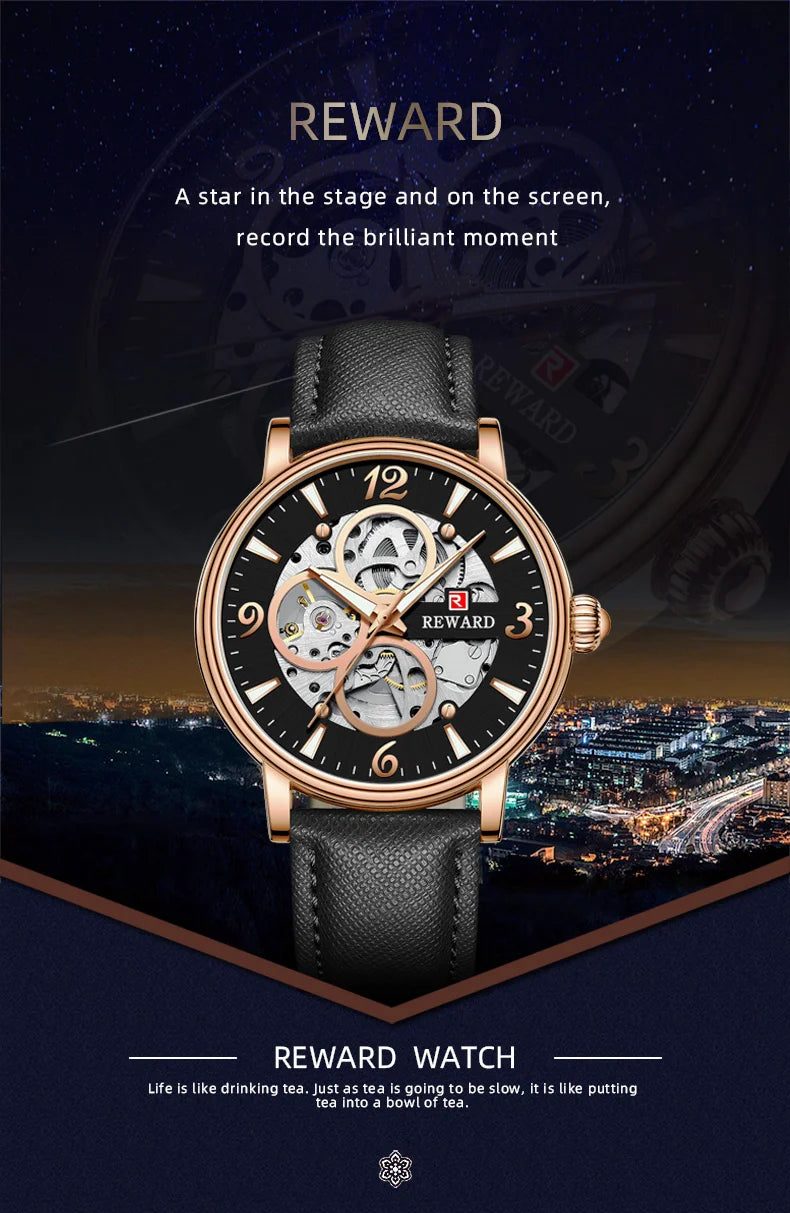 Reward Mechanical Watches Men Oem Luxury Skeleton Leather Band Mens Automatic Watch RD33001M