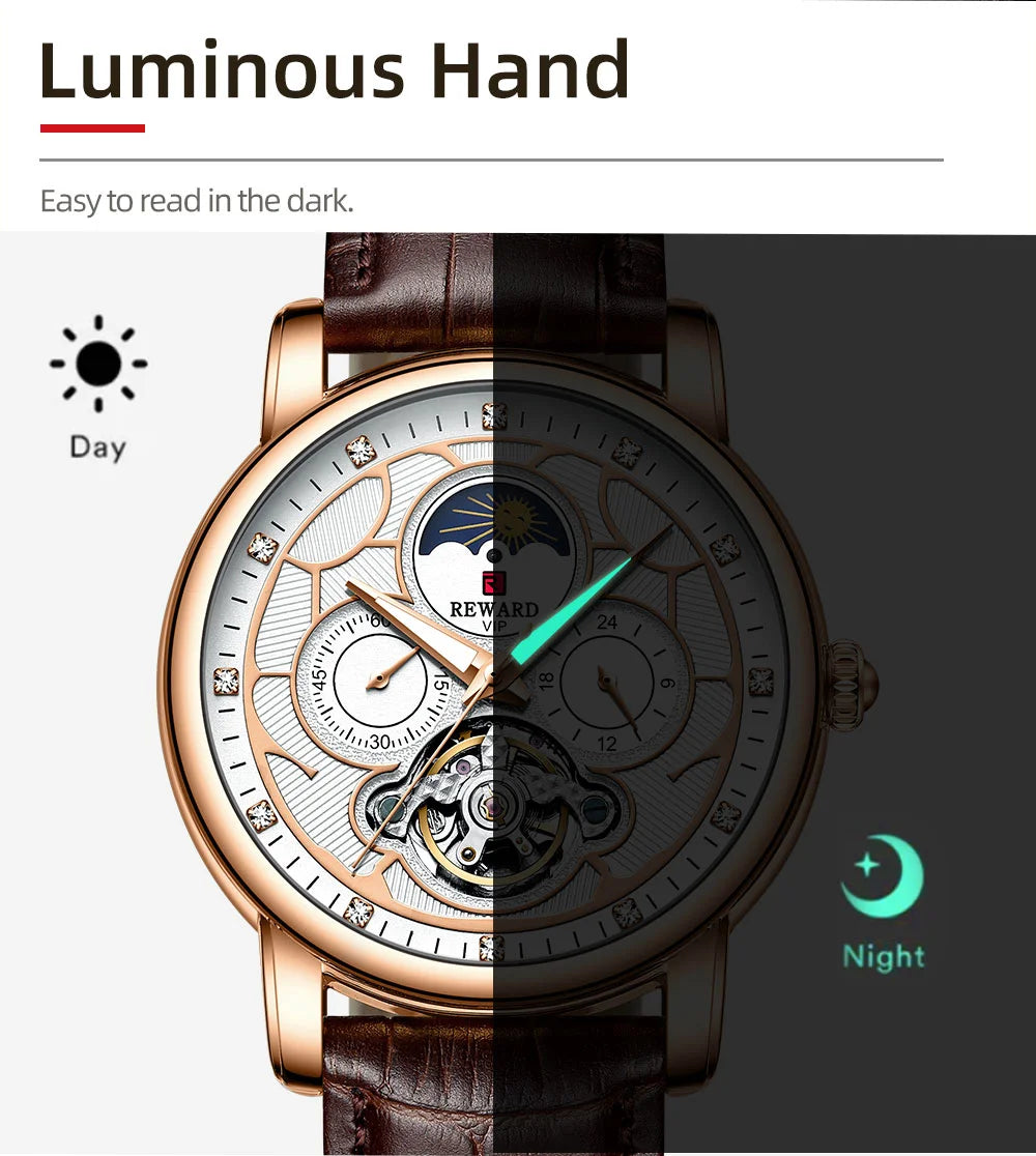 Reward Luxury men stainless steel automatic moon phase mechanical watch 2021 Custom logo casual fashion tourbillon wrist watch,RD33005M
