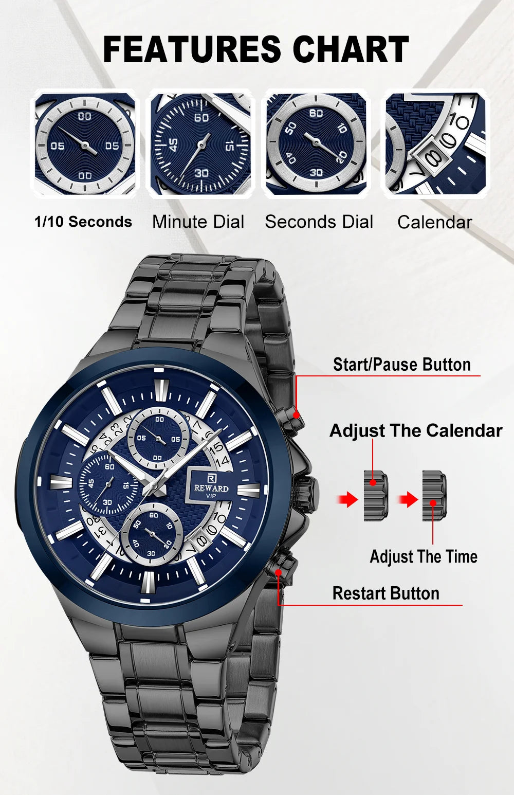 REWARD New Design Quartz Watch High Quality Waterproof Calendar Date Stainless Steel Premium Luxury Mens Wrist Watches Montre