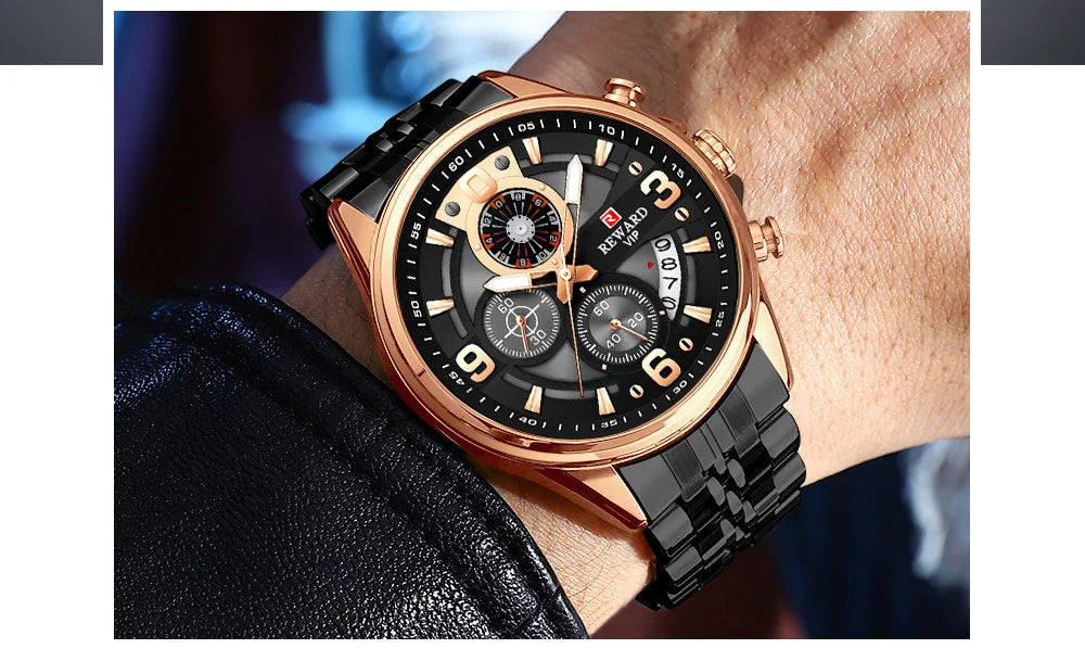 Reward In Stock Sports Watch Luxury Stainless Steel Luminous Quartz Man Watch Wholesale Oem Wristwatch Reloj,Auto Date, chronograph, Complete Calendar, Day/Date, Waterproof, Luminous, Anti-magnetic,RD81057M