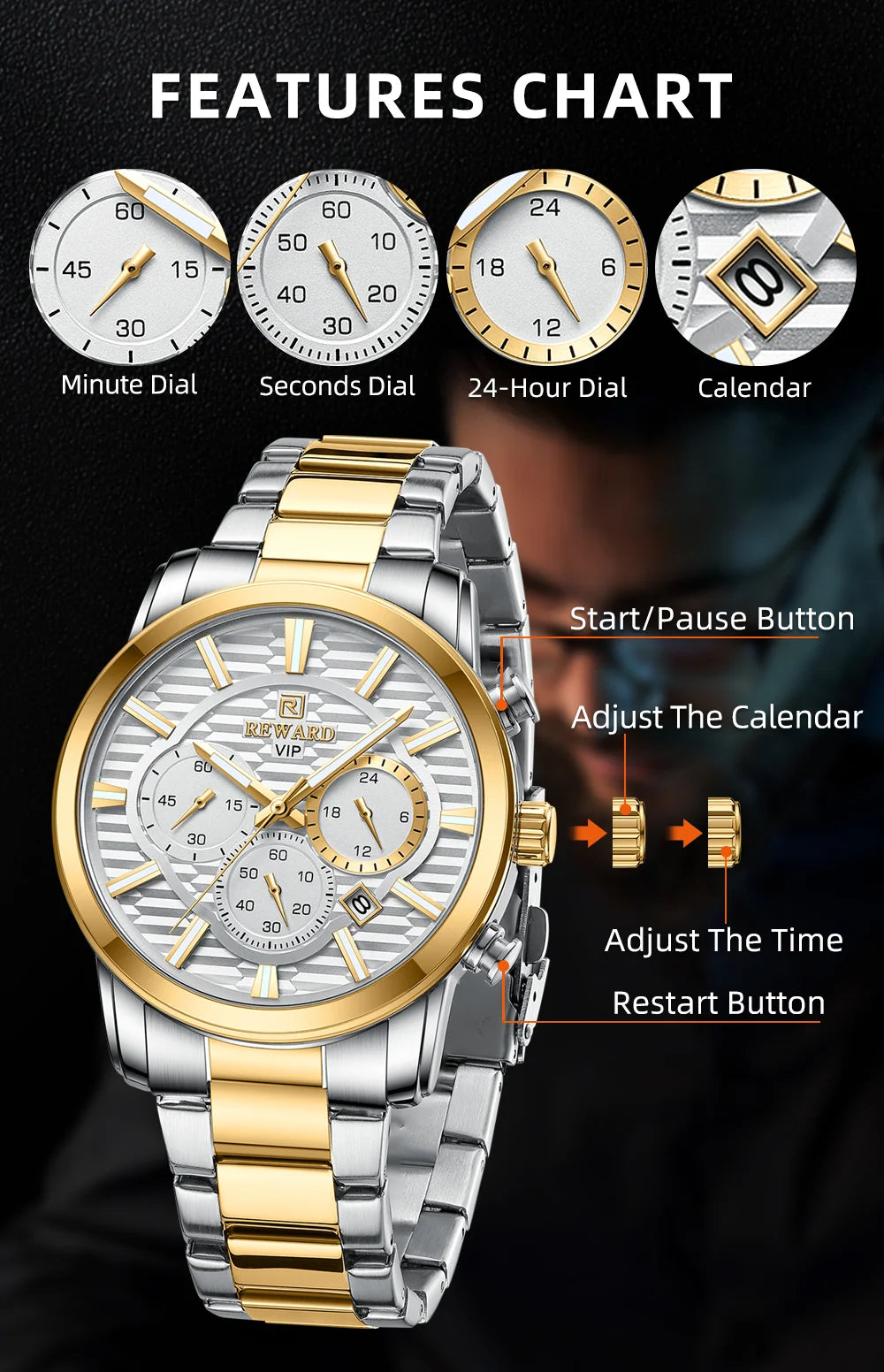 REWARD Fashion Mens Watch Wholesale Price Stainless Steel Waterproof Calendar Wristwatches Male Reloj Reward