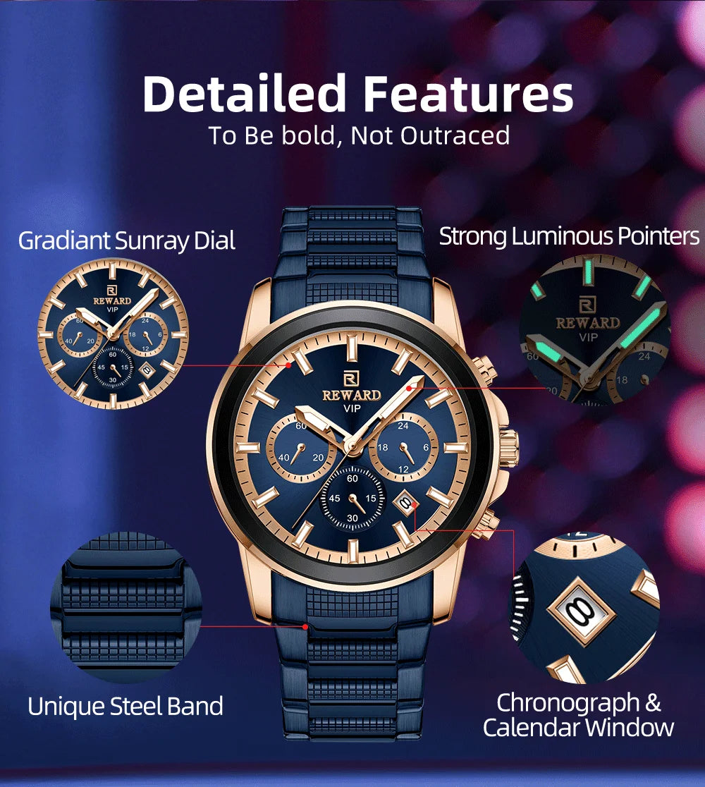 Reward Luxury Three-Eyes Classic Chronograph Quartz Watch Men REWARD Fashion Business Relogio Masculino Elegant