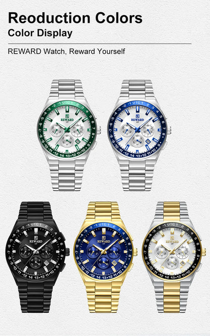 REWARD Men's Watch Luxury Chronograph Business Wristwatch Solid Stainless Steel Band High Quality Watch for Men