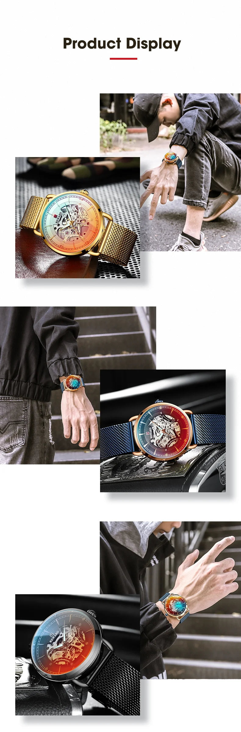 Reward Magic glass quality men stainless steel watches luxury functional automatic oem mechanical watches,RD32002M
