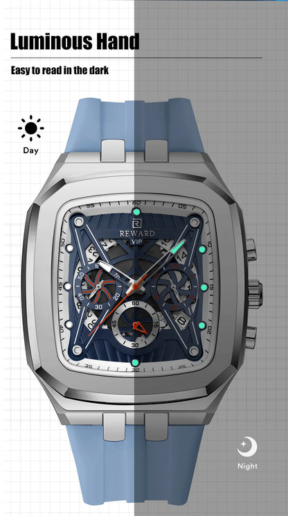 REWARD Watch Men Fashion Square Wheel Chronograph Mens Wristwatch 3bar Water Resistant Functional Sport Silicone Watch Male