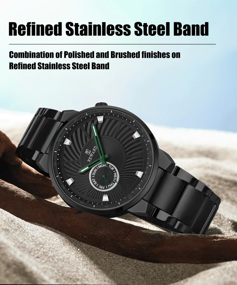 REWARD brand quartz watches for men luxury black color stainless steel quartz watches waterproof wheel custom clocks logo