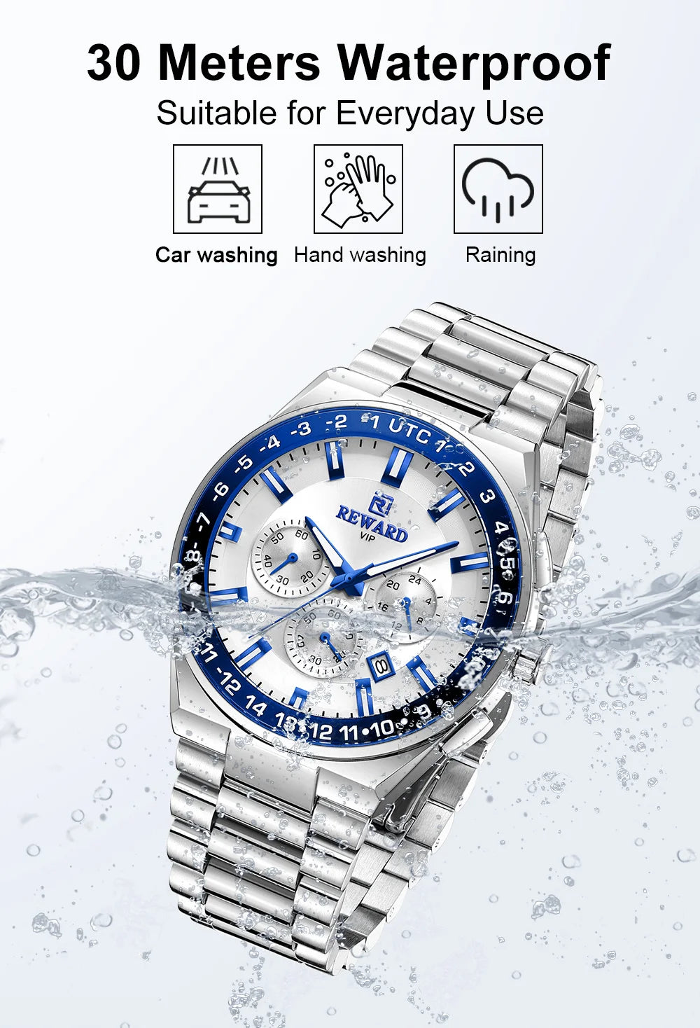 REWARD Men's Watch Luxury Chronograph Business Wristwatch Solid Stainless Steel Band High Quality Watch for Men