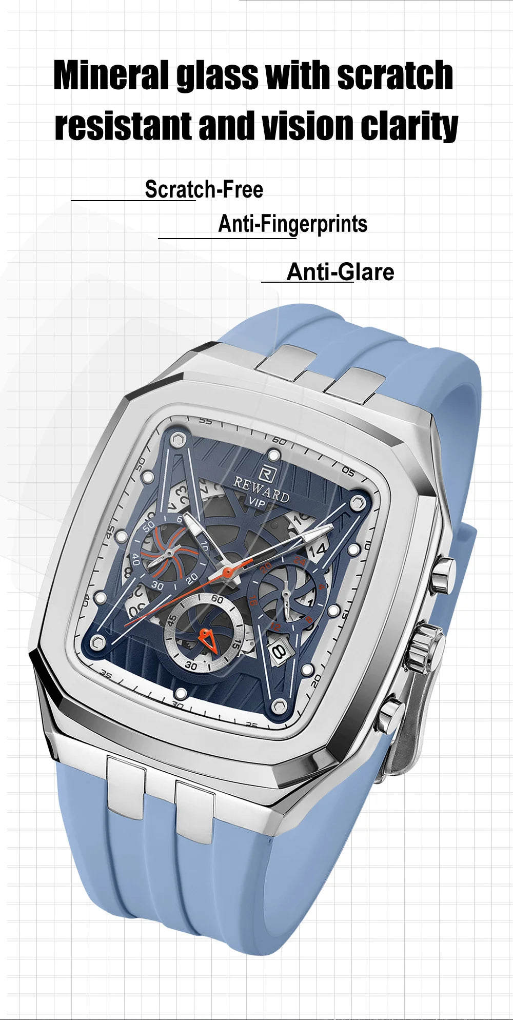REWARD Watch Men Fashion Square Wheel Chronograph Mens Wristwatch 3bar Water Resistant Functional Sport Silicone Watch Male