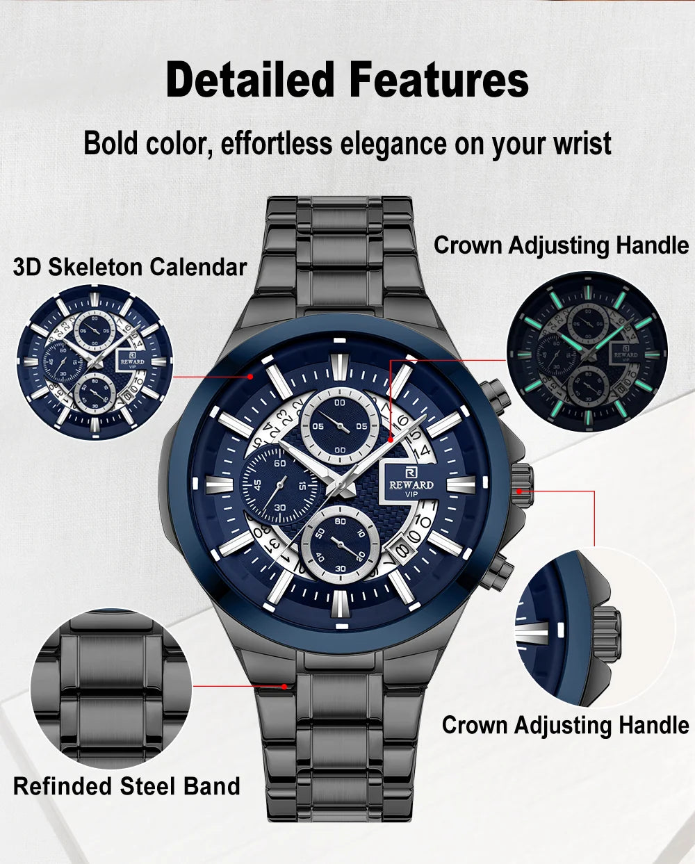 REWARD New Design Quartz Watch High Quality Waterproof Calendar Date Stainless Steel Premium Luxury Mens Wrist Watches Montre