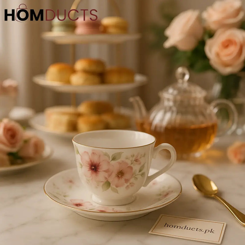 Luxury Floral Porcelain Tea Cup & Saucer Set – High Tea Collection (6pcs)