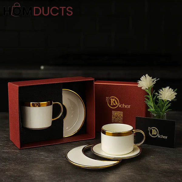 طقم أكواب شاي فاخر من البورسلين مع طبق – أواني تقديم أنيقة بحواف ذهبية