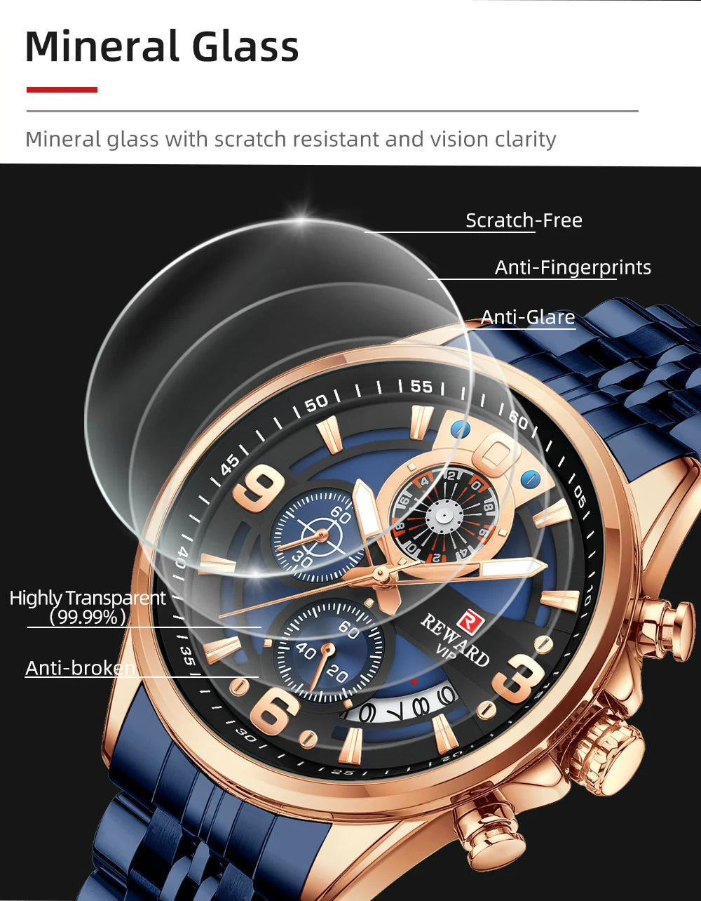Reward In Stock Sports Watch Luxury Stainless Steel Luminous Quartz Man Watch Wholesale Oem Wristwatch Reloj,Auto Date, chronograph, Complete Calendar, Day/Date, Waterproof, Luminous, Anti-magnetic,RD81057M