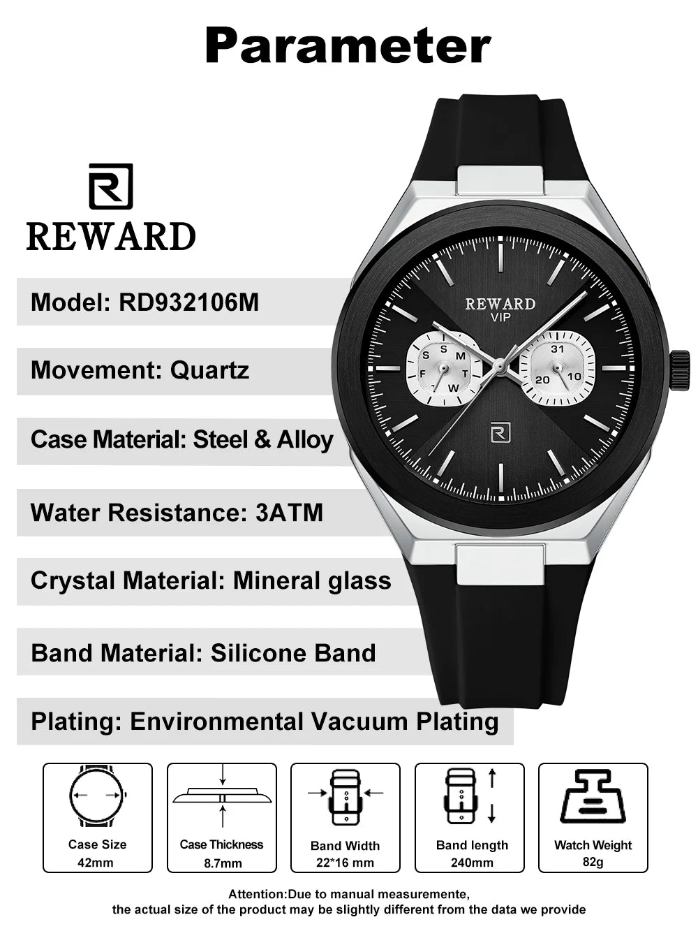 New Model REWARD Men's Watch Luxury Chronograph Business Wristwatch Solid Stainless Steel Band High Quality Watch