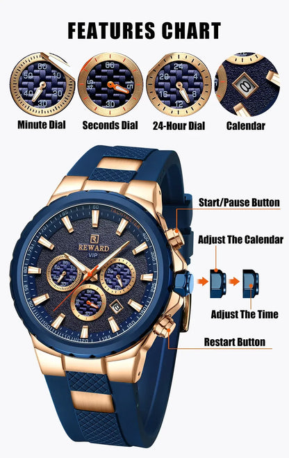 REWARD Watch for Men Casual Sport Quartz Watch Waterproof Three Eyes Fashion Men's Wristwatches