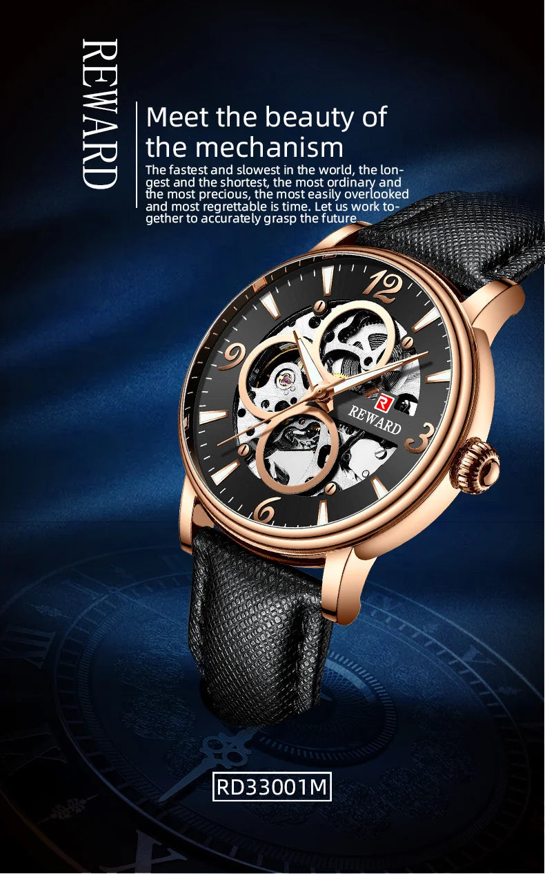 Reward Mechanical Watches Men Oem Luxury Skeleton Leather Band Mens Automatic Watch RD33001M