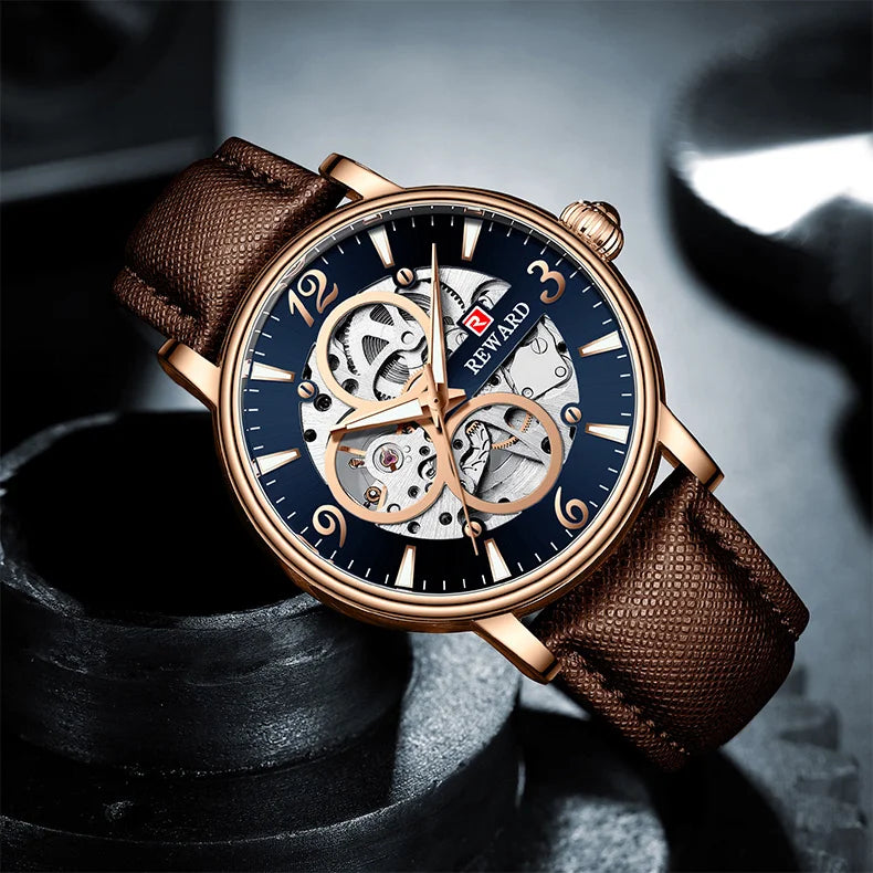 Reward Mechanical Watches Men Oem Luxury Skeleton Leather Band Mens Automatic Watch RD33001M